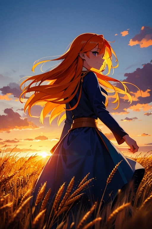 1 girl, One, long orange hair, running, (High wheat field), Turning, Emerald eyes, long blue dress, average age, Medieval attire, Sunset with long sleeves, light from behind, Shadow on the figure, smile, Laughter, (blue sky), against the background of wheat, I&#39;m standing in the distance, I look at the viewer, full length