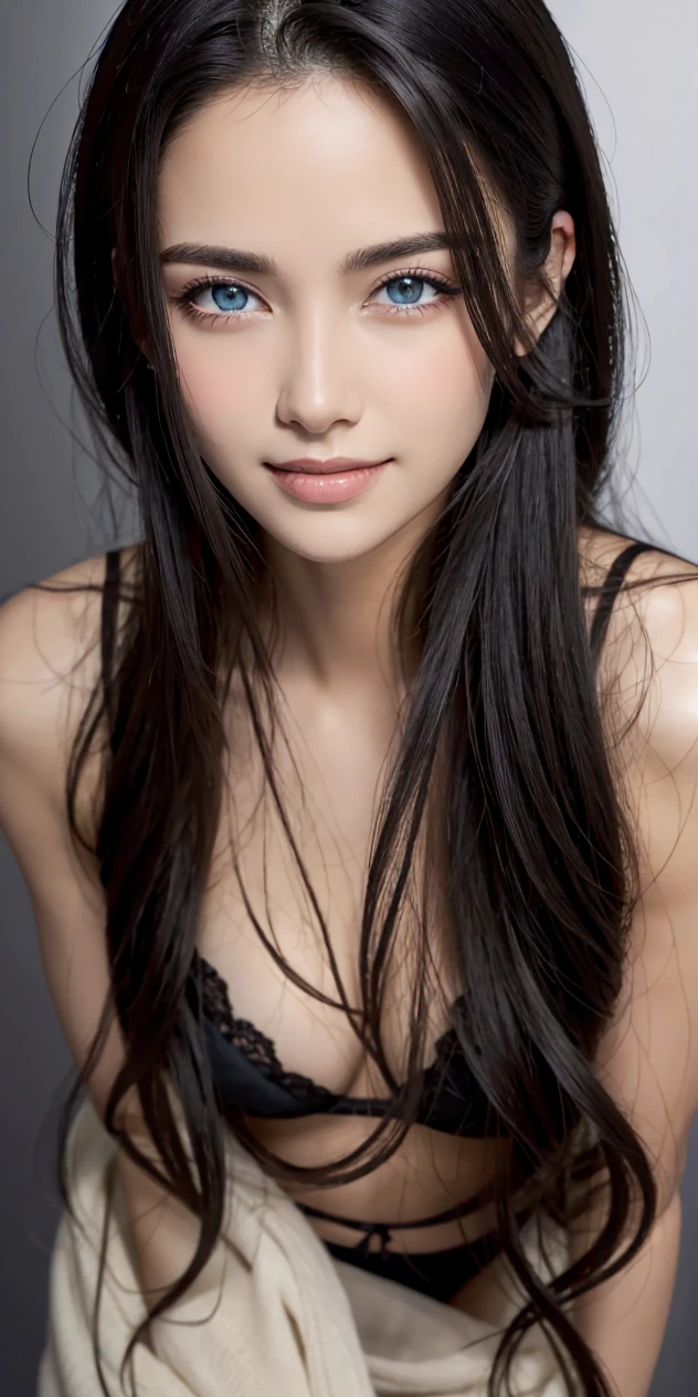 Very sexy and seductive small black lingerie...........................:1.2, looking to the camera, cinematic lighting, perfect, luz outfit, high resolution skin:1.2, realistic skin texture, beautiful 、a small face、without makeup、, off the shoulders,bust cup b、small neckline, blue eyes, very black hair on my shoulders, dark black hair、the size of the slide from head to knees、neutral background , looking straight at the target and with a nice and pleasant smile