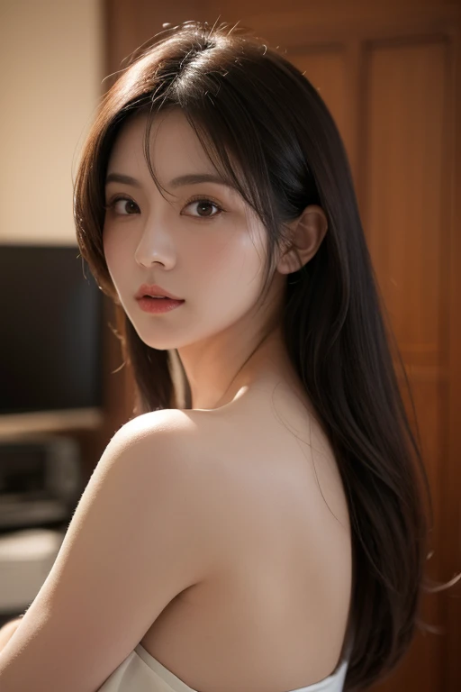 Highest quality, masterpiece, High resolution, Photorealistic, RAW Photos, 8k wallpaper, perfection, Professional Lighting, Very detailed, Written boundary depth, ((One beautiful woman)), 48 years old, Sexy Woman, Mature Woman, Japanese, Upper Body, ((look into the viewer'Eyes)), Detailed face, Beautiful Eyes, ((Look forward)), Small breasts, Cleavage, Straight hair, Cowboy Shot, Wrinkled face, Grin, Sloppy body