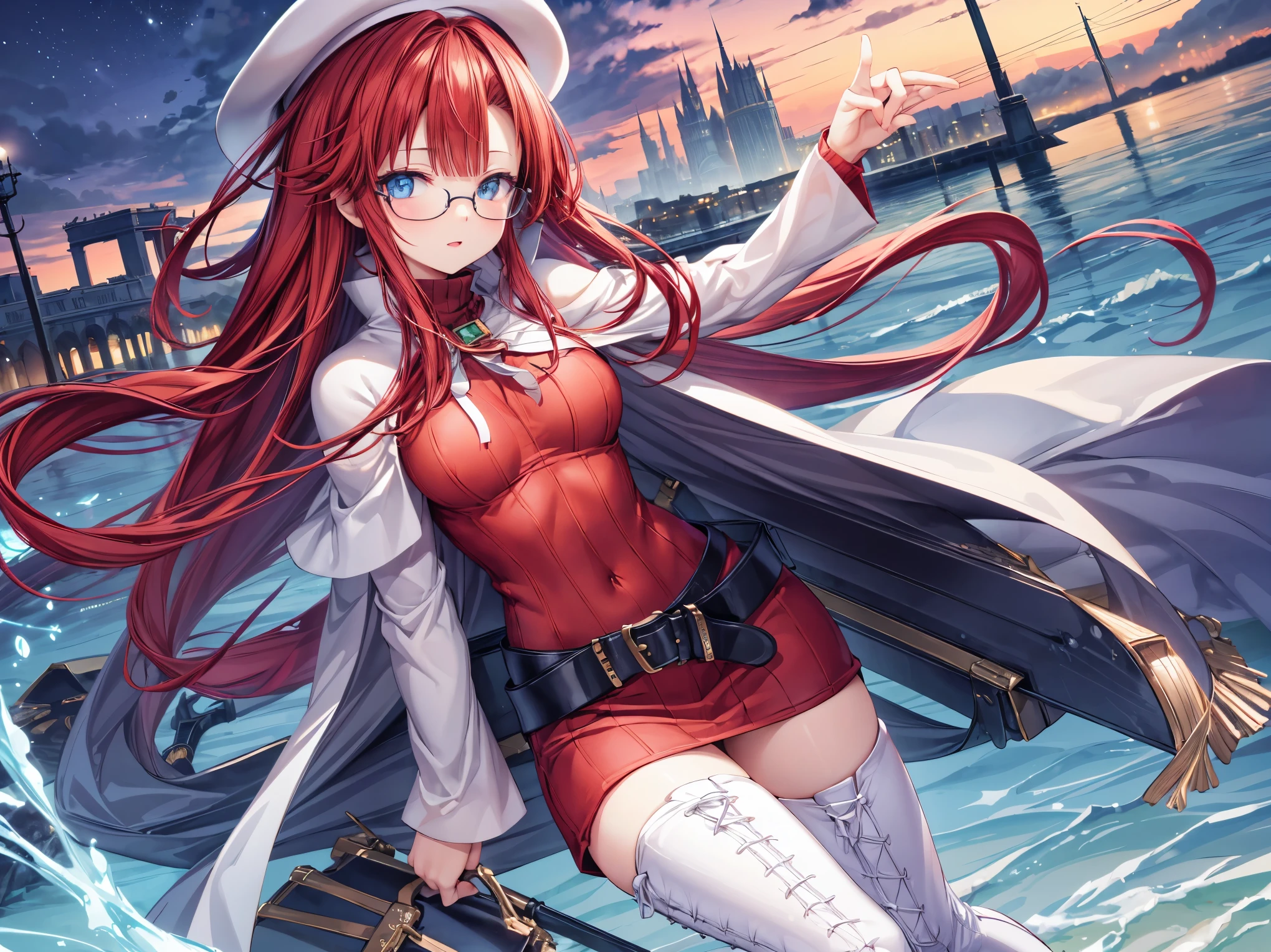 summonnightaty, aty, (young:1.3),long hair, blue eyes, red hair, big_tits, hat, glasses,
BREAK long hair, thighhighs, hat, dress, naked_legs, glasses, belt, cape, sweater, zettai ryouiki, beret, thigh boots, white footwear, ribbed sweater, loose belt,solo,
BREAK outdoors, fantasy,on_beach,
,Highquality_hads,perfect_fingers,
BREAK (masterpiece:1.2), best quality, high resolution, unity 8k wallpaper, (illustration:0.8), (beautiful detailed eyes:1.6), extremely detailed face, perfect lighting, extremely detailed CG, (perfect hands, perfect anatomy),covered_nipples,covered_navel ,half_eyes,long_sword,sleepy_eyes,red_sweater,apart_knees,magical_effect,spread_legs, book,have_a_book,teacher,rise_knee,Smile,rise_hand,look_down_viewer,open_arms,night_town_landscape,looking_into,plump,open_mouth, dynamic_posing,solo