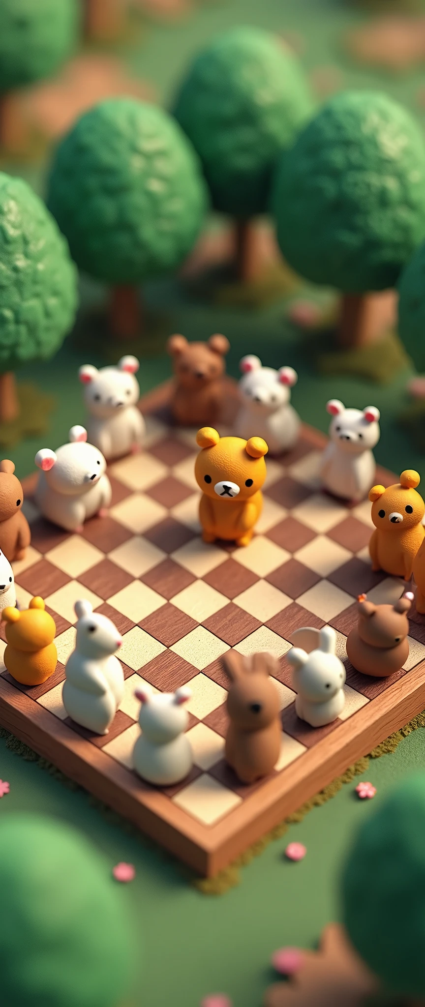 (masterpiece:1.2, Highest quality,Ultra-high resolution,Super detailed),8k,(wallpaper),(On the chessboard, chess pieces modeled after Rilakkuma-style animals are arranged in a square shape.:2.0),(Isometric 3D Diorama:2.0)