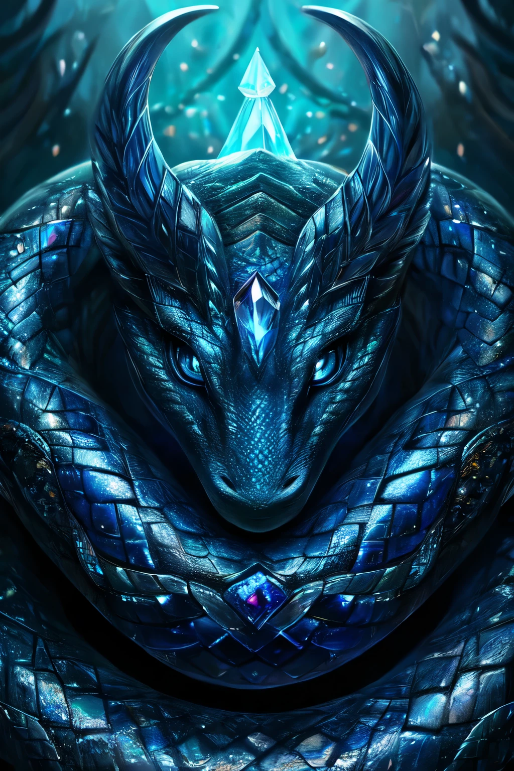 ((best quality)), ((masterpiece)), (detailed), picture of black and blue serpent, photorealistic, Ultra High Quality crystal gem on its forehead, photorealistic image, curled horns on the side of its head, realistic, high quality, dark blue eyes, Surreal art, shimmer, Approaching perfection, , Reflective materials, shadowy, Volumetric lighting, 8K resolution, ultra-detailed, well-proportioned detailed dark blue eyes, exquisitely crafted snake, exquisitely crafted serpent, elegant, beautiful detailed and clear dark blue eyes, wide image view, full-body picture