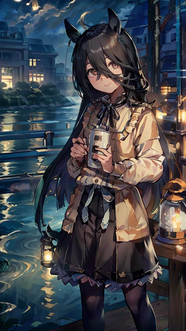 masterpiece, Highest quality, High resolution, Very detailed,(((Manhattan Cafe))), (((smile)))、(((Standing in the distance))), (((On Bridge))), (((Lantern))), (((river))), (((night)))