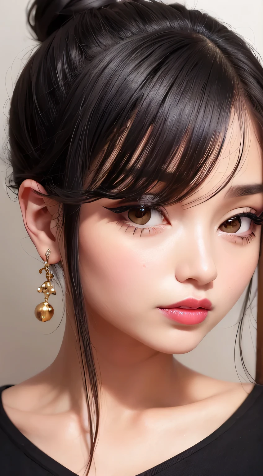 Amazing portrait of a woman who is 30 years old and an adult and a sexy woman with her black hair tied in a bun with smokey eyeliner emphasizing her seducing eyes as she's blushing intensely with the most fairest skin and a plump face with soft lips wearing a gold blouse with white saree with gold borders as she's pinned against a wall during night time with soft lighting showcasing her red lips and her beautiful face in detail and close up