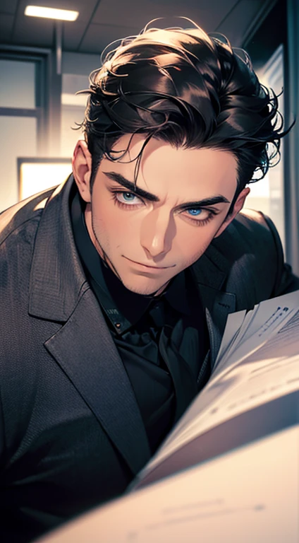 (best quality,4k,8k,highres,masterpiece:1.2),ultra-detailed,(realistic,photorealistic,photo-realistic:1.37),1 man,31 years old,mature man,very handsome,without expression,smile,short grey black hair,blue eyes,penetrating gaze,perfect face without errors,imposing posture,businessman,office background,cinematic lighting,hdr image