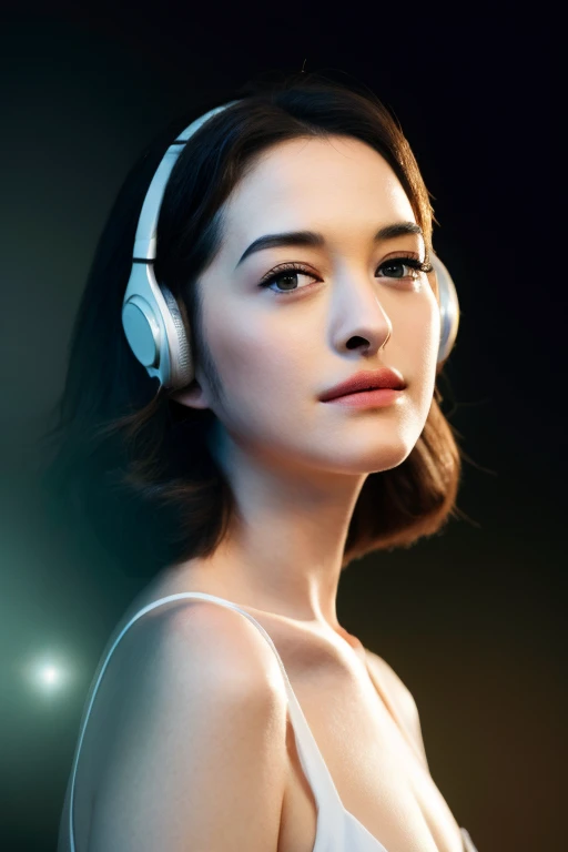 1girl, quite a bit body, Realistic photograph best quality portrait of a beautiful gorgeous young cute Asian woman, 24yo., looking at viewer, detailed face, Realistic texture human skin, bright glowing face, curved eyebrows, droopy hooded eyes, over ear headphone, low nasal bridge, wavy nose, wind tousled bob hair, (((young Marion Cotillard blended face mixed with young Anne Hathaway))), emerging from the heart of a large glass rose. Its petals, shimmering like teardrops in the moonlight, unfurl to reveal her ethereal form. Her long hair flows like shadows, cascading around her like liquid night, illuminated by the soft glow emanating from the glass rose. Her eyes, filled with a profound sadness, reflect the delicate beauty of the glass petals and the melancholic light of the moon. Rendered in stunning 8k UHD resolution, this evocative image captures the essence of a woman born from the bloom, a symbol of beauty, fragility, and the enduring power of nature.white body suit