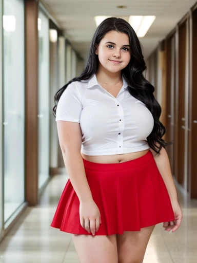 A beautiful white girl with a very fat belly, long wavy black hair, very chunky legs and arms, in school hallway, wearing small white shirt and red skirt, round belly, small nose, curvy body