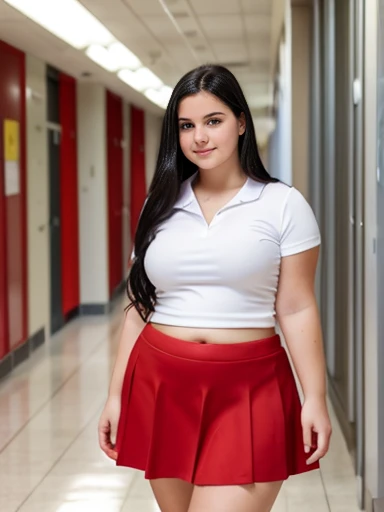 A beautiful white girl with a very fat belly, long wavy black hair, very chunky legs and arms, in school hallway, wearing small white shirt and red skirt, round belly, small nose, curvy body