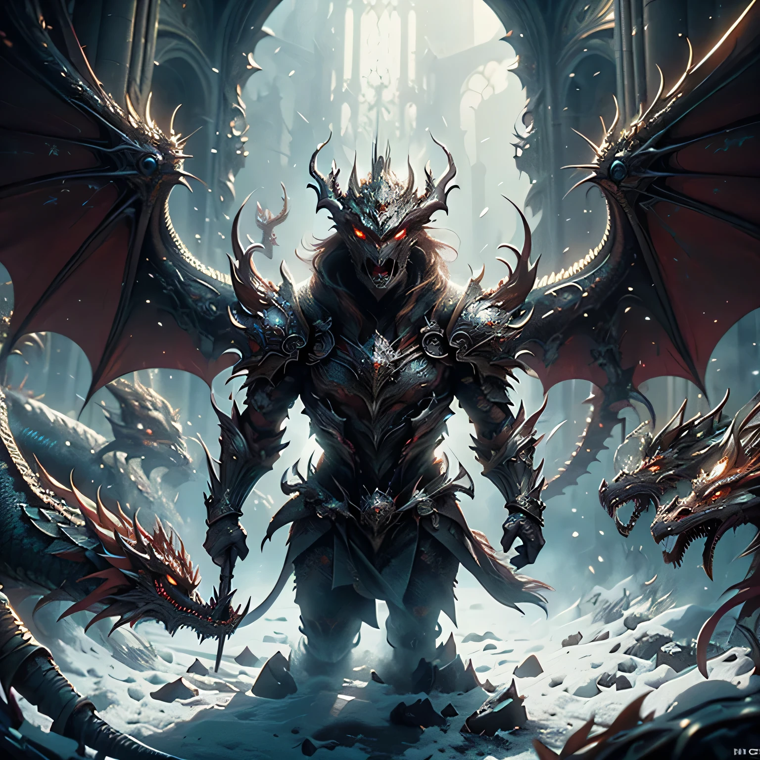 There's a person standing in the snow in front of a dragon, Dragon in the background, Fight dragons, Fantasy style 8k octane render, A medicine, A shot from Game of Thrones, Still a fantasy movie, 8K epic scene, Dragon flying in the background, 8K resolution concept art, Detailed movie render, Movie 4k wallpaper