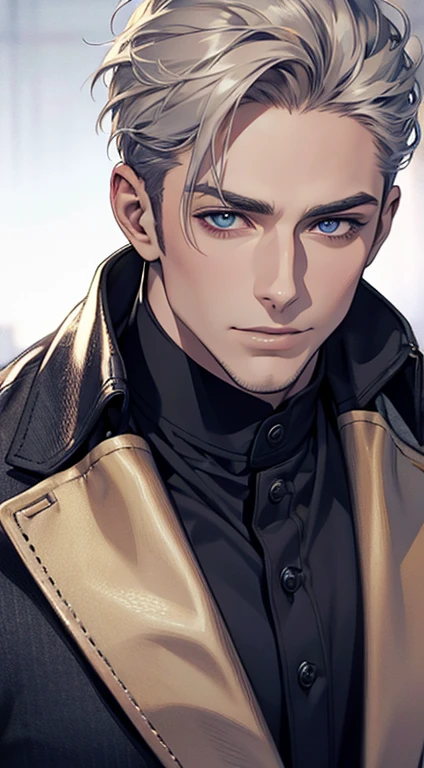 (best quality,4k,8k,highres,masterpiece:1.2),ultra-detailed,(realistic,photorealistic,photo-realistic:1.37),1 man,31 years old,mature man,very handsome,without expression,smile,short grey golden hair,blue eyes,penetrating gaze,perfect face without errors,imposing posture,businessman,office background,cinematic lighting,hdr image