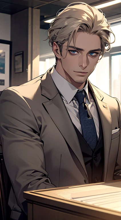 (best quality,4k,8k,highres,masterpiece:1.2),ultra-detailed,(realistic,photorealistic,photo-realistic:1.37),1 man,31 years old,mature man,very handsome,without expression,smile,short grey golden hair,blue eyes,penetrating gaze,perfect face without errors,imposing posture,businessman,office background,cinematic lighting,hdr image