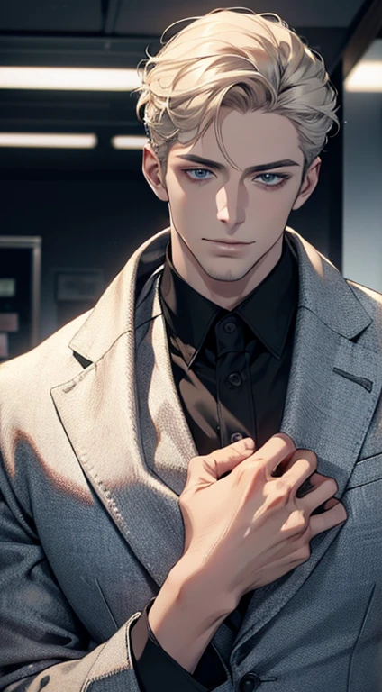 (best quality,4k,8k,highres,masterpiece:1.2),ultra-detailed,(realistic,photorealistic,photo-realistic:1.37),1 man,31 years old,mature man,very handsome,without expression,smile,short grey golden hair,blue eyes,penetrating gaze,perfect face without errors,imposing posture,businessman,office background,cinematic lighting,hdr image