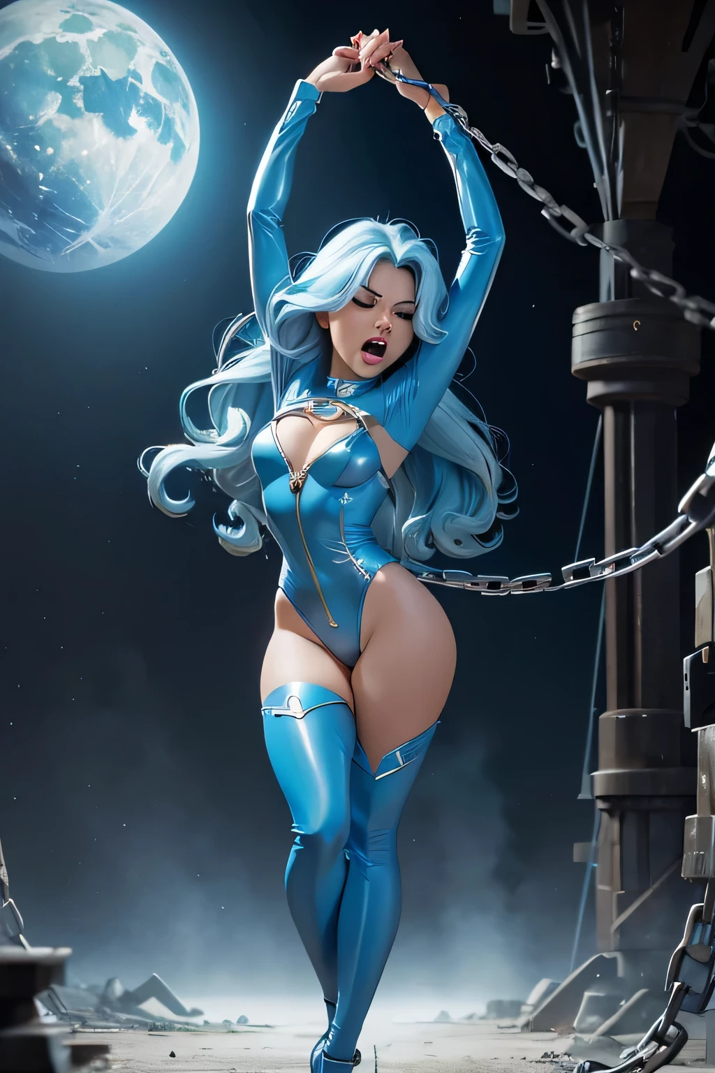 superheroine, long long gorgeous light blue hair, slender body, latex, leotard, blue and white costume, captured, chains cling to body, ((be whipping now)), one villain whipping her cruelly, (painful), helpless, slavery, (screaming in pain) ,holding on, lying face up, eyes closed, hair swaying, in underground base, full body shot, dramatic angle