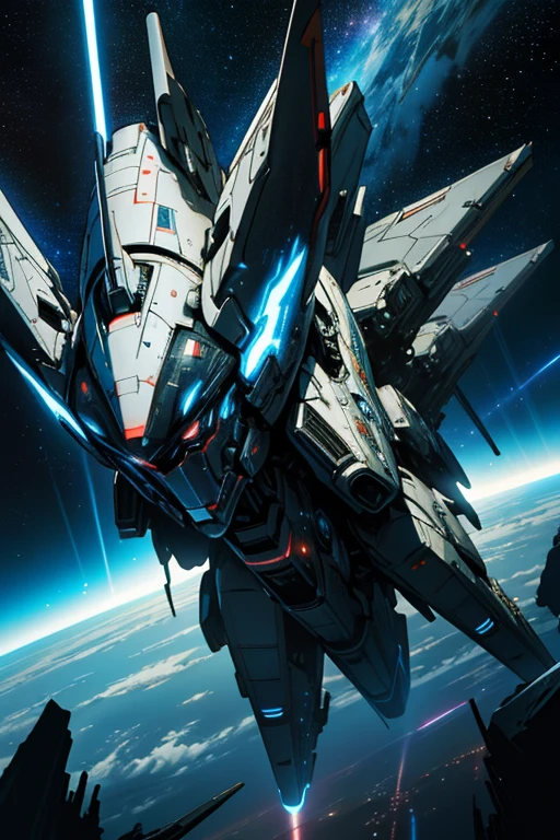 {Comic Book Cover, A dynamic scene of a futuristic spaceship in anime style, speeding through space with starry skies and distant nebulae in the background. The ship’s design echoes the classic aesthetic of Star Wars, with sleek lines, glowing engines, and advanced technology. The ship is depicted in a high-speed maneuver, with energy trails and bright lights highlighting its path. The overall atmosphere is one of adventure and excitement, capturing the essence of epic space battles, Art Styles: Anime with Sci-Fi influence, Art Inspirations: Star Wars, bold ink lines, vibrant colors, cinematic lighting, wide-angle shot, highly detailed, epic perspective}