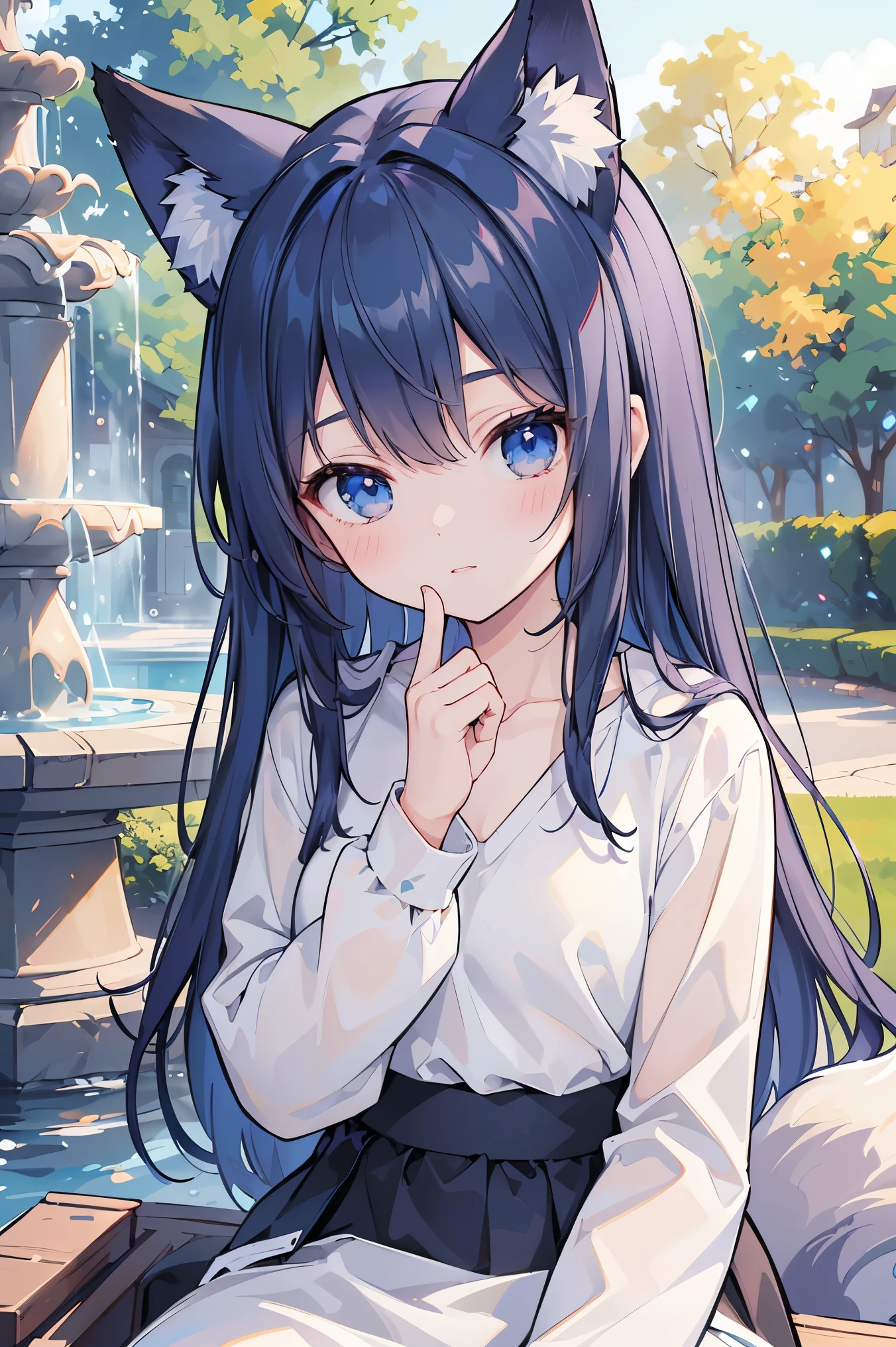 ((best quality)), ((masterpiece)), (detailed), perfect face, ((Best quality, 8k, Masterpiece: 1.3)), Sharp focus, Highly detailed face and skin texture, Detailed eyes, dark blue hair, hair rings, fox ears, fox tail, v neck long sleeve shirt, casual cloth, Park with a fountain