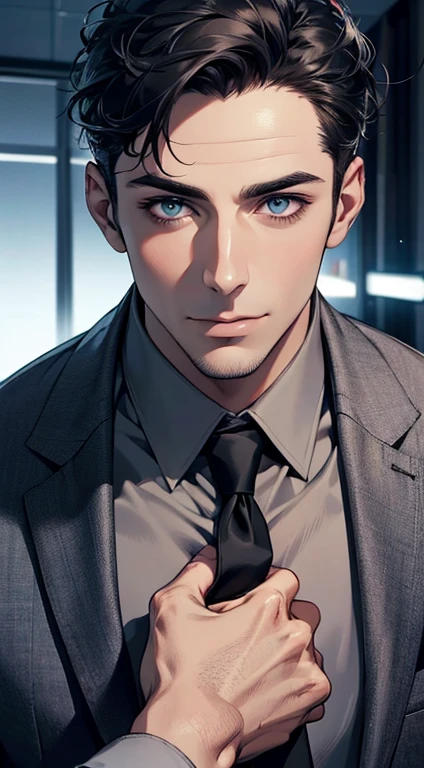 (best quality,4k,8k,highres,masterpiece:1.2),ultra-detailed,(realistic,photorealistic,photo-realistic:1.37),1 man,31 years old,mature man,very handsome,without expression,smile,short grey black hair,blue eyes,penetrating gaze,perfect face without errors,imposing posture,businessman,office background,cinematic lighting,hdr image