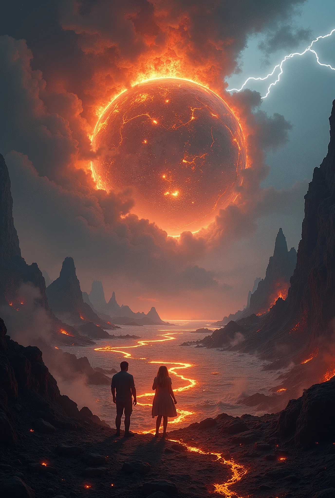 Imagine a scene of global cataclysm, Where the Earth is on the brink of total destruction. The sky is covered by a blanket of dark, stormy clouds, With lightning momentarily illuminating the desolate landscape. The horizon is dominated by giant volcanic eruptions that spew rivers of incandescent lava, Merging with the raging sea, Where huge waves crash violently against what remains of the coast.
Em primeiro plano, The earth opens up in huge cracks, Revealing the planet's incandescent core. Buildings that were once symbols of civilization now lie in ruins, Collapsing amid relentless earthquakes. A fierce wind carries debris and ash, Darkening the scene even further. The air is thick and suffocating, With toxic particles making it almost impossible to breathe.
In the midst of this chaos, Silhouettes of some people can be seen, Paralyzed by fear and despair, Watching the inevitable fall of the world they knew. Their faces reflect a mixture of disbelief and resignation., Knowing there is no escape. in the sky, The sun is barely visible, Blocked by dust and gases, Casting a deadly light that barely illuminates the apocalypse unfolding around them.