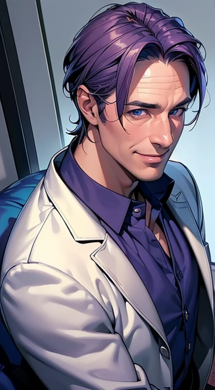 (best quality, masterpiece, 8K, photorealistic, cinematic lighting, 1:4 hdr image, ultra detailed, beautiful image), a mature man, 35 years very handsome, ((cold expression smile in love)), short purple hair, blue eyes, face perfect without mistakes, ((buttoning his jacket, CEO)), smile.