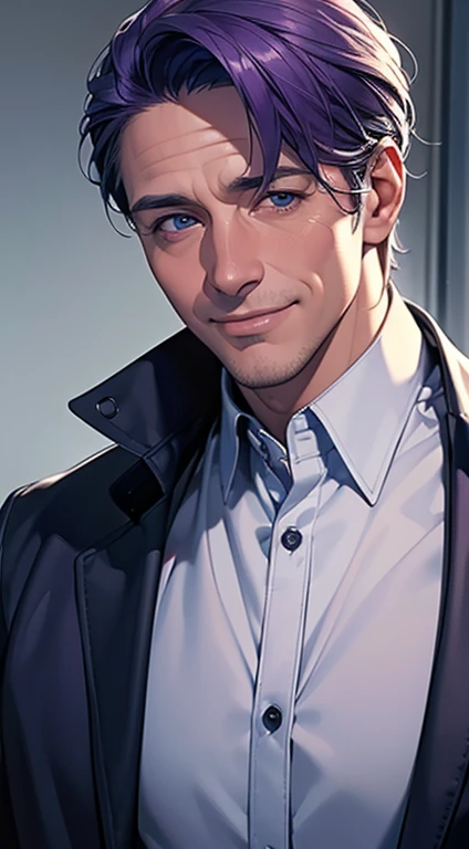 (best quality, masterpiece, 8K, photorealistic, cinematic lighting, 1:4 hdr image, ultra detailed, beautiful image), a mature man, 35 years very handsome, ((cold expression smile in love)), short purple hair, blue eyes, face perfect without mistakes, ((buttoning his jacket, CEO)), smile.