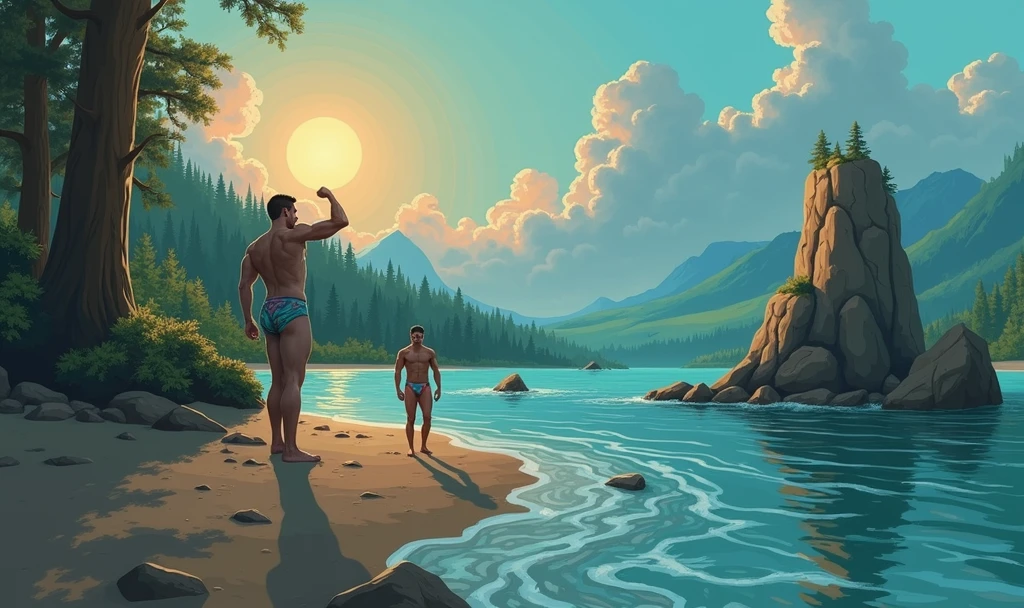 The sun filters through the trees, casting a golden glow on the stream where they stand. Alex flexes his biceps, Jordan adjusts his swim briefs, and Mia ties her bikini strings tighter. They're all smiling, feeling energized by the fresh air and the exciting shoot ahead.