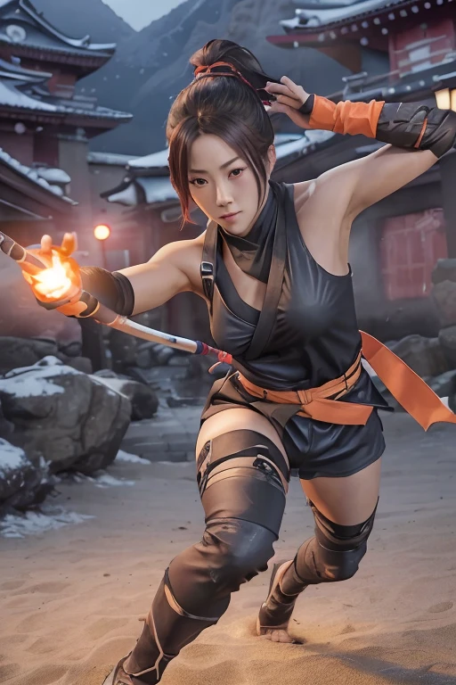 Highest quality,Ultra HD,Best AI Images, Full body photo,Rendering beautiful brush strokes, Very detailed vfx portrait of, Female ninja, A Japanese female ninja, cgsociety と fenghua zhong, Covert behavior, A female ninja, ((Battle Scenes)),A scene of fighting with a bow.3,Japanese woman portrait, , Trending on deviantart, ((Orange short ninja costume.5,Sexy Ninja,Big Breasts)), Japanese spy, 3D Rendering, Beautiful face 1.5, Key Visual, Vibrant, (((Night mansion background 1 in the Sengoku period.5))), Very detailed, grow,