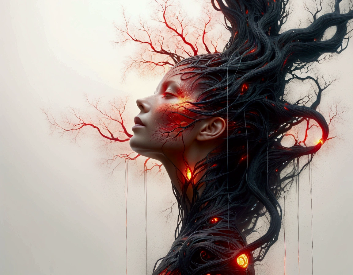 a close up of a person with a glowing face and body, glowing red veins, fractal veins. cyborg, red glowing veins, glowing veins, bright glowing veins, human glowing, tomasz alen kopera and cgsociety, melted cyborg, inspired by Mike Winkelmann, woman made of black flames, digital art 4k unsettling, detailed glowing head