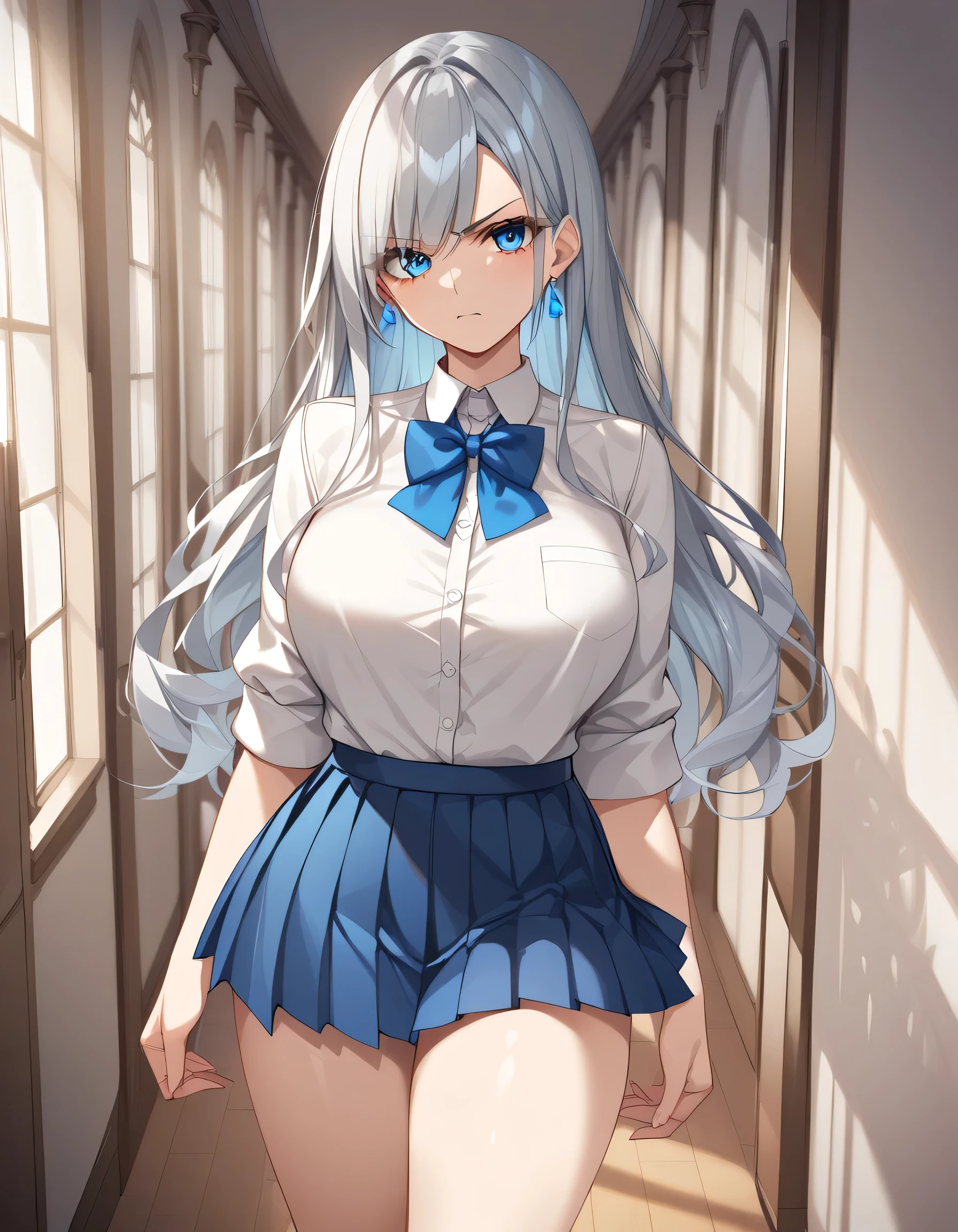 1 girl, ((Girl is curvy, beautiful and tall)), ((silver blue ombre hair))((Long hair))((Bang)), ((blue eyes)), ((Girl wears long sleeved white blouse, blue bowtie, short blue pleated skirt)), ((School hallway)), ((Girl is looking at viewer, she's angry)), BREAK (masterpiece:1.2), best quality, high resolution, unity 8k wallpaper, (illustration:0.8), (beautiful detailed eyes:1.0), extremely detailed face, perfect lighting, extremely detailed CG, (perfect hands, perfect anatomy, (SuperQuality:1.0) ~ (SuperQuality:1.2)