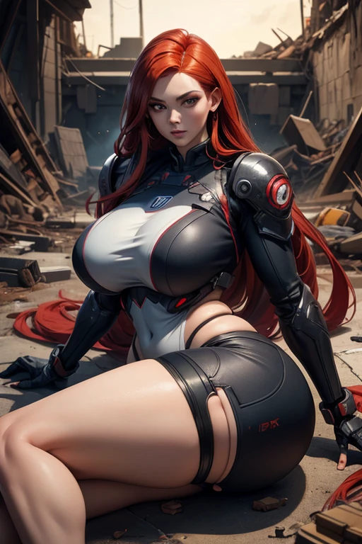 Super-detailed, 8k, 1 girl, mature, long red hair, perfect figure, busty body, curvy body, large and droopy breast, slender hips, thick thighs, huge round ass, mech suit, defeated and passed out, lay down in the rubble, ripped clothes