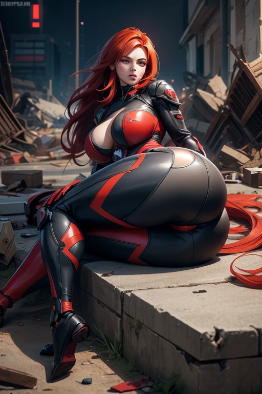 Super-detailed, 8k, 1 girl, mature, long red hair, perfect figure, busty body, curvy body, large and droopy breast, slender hips, thick thighs, huge round ass, mech suit, defeated and passed out, lay down in the rubble, ripped clothes