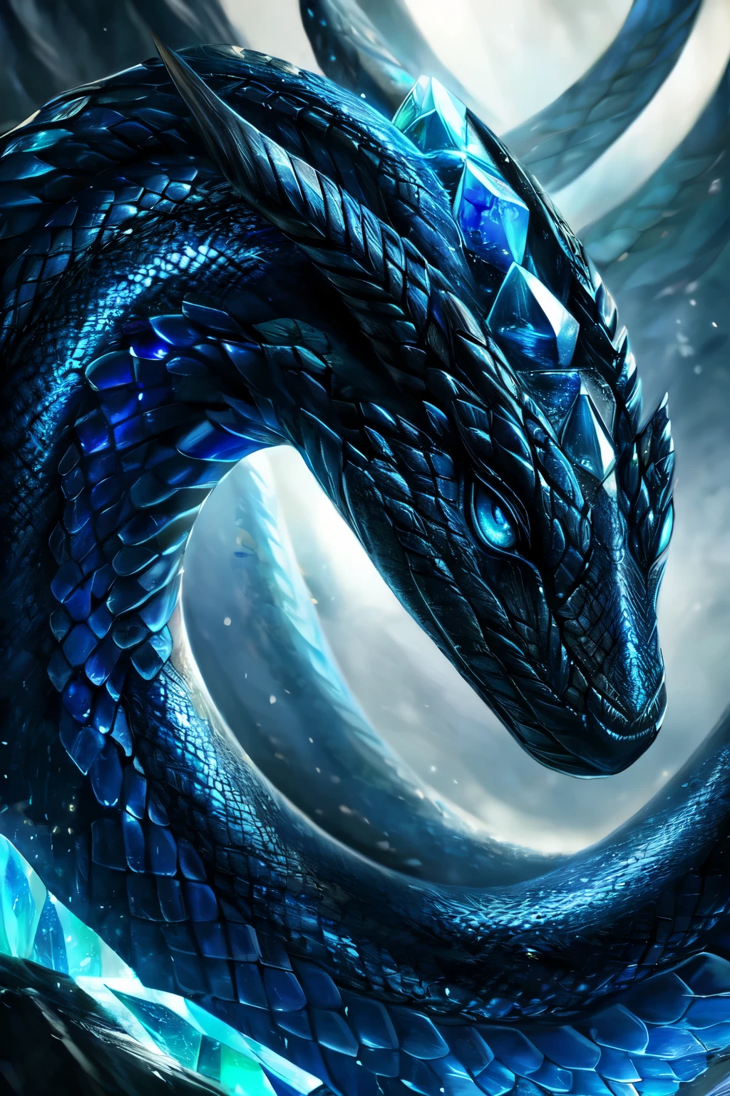 ((best quality)), ((masterpiece)), (detailed), picture of black and blue serpent, photorealistic, Ultra High Quality crystal gem on its forehead, photorealistic image, horns on the side of its head, horns on its tail, realistic, high quality, dark blue eyes, Surreal art, shimmer, Approaching perfection, , Reflective materials, shadowy, Volumetric lighting, 8K resolution, ultra-detailed, well-proportioned detailed dark blue eyes, exquisitely crafted snake, exquisitely crafted serpent, elegant, beautiful detailed and clear dark blue eyes, wide image view, full-body picture