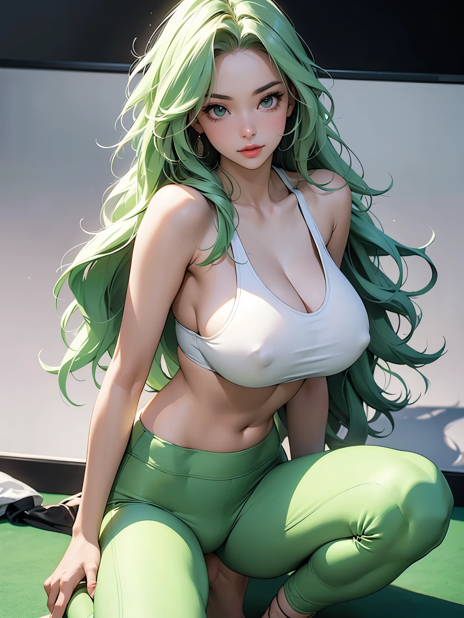 A fit young woman in her 20s. wearing a white sports bra and green yoga pants. She has long, wavy green hair flowing down.
}no background. on the stage. huge boobs looking at the camera,she is walking ."The model is sitting on the floor with one knee bent and the other leg extended, One hand is on the ground for support, the other is running through her hair, She's sending seductive glances toward the camera."