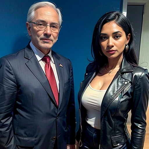 A 66-year-old Iranian beauty is dressed in a formal secretary's outfit, The jacket is made of leather((62 years old))