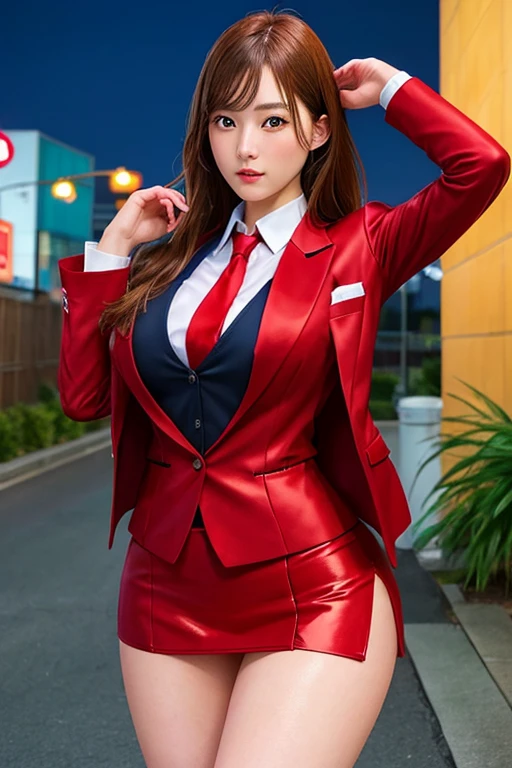 Highest quality,Ultra HD,8k,(Beautiful 25 year old Asian hit woman), (Red Hair 1.8), (White skin), (Serious face), Red skirt suit 1.5, (((Three-piece suit))), (((Dress shirt))), (((tie))), blazer,(Thigh 1.2,Large Breasts), (((Red Suit Jacket))), Black shiny lapel, (((Bodycon mini skirt))), Tight Skirt, bare legs 1.2,Cufflinks, (Night city background), View from the front, Well-groomed and beautiful face 1.2, Dynamic pose, Ambient Lighting, Photographic realism, Intricate facial details, Exquisite handcrafted details, Very detailed, Vibrant colors, Cinematic, High resolution, Trending Styles Raw on Artstation, , Excited,