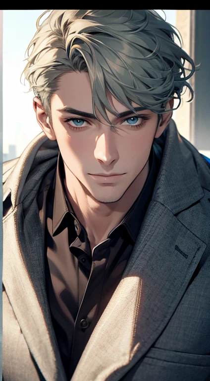 (best quality,4k,8k,highres,masterpiece:1.2),ultra-detailed,(realistic,photorealistic,photo-realistic:1.37),1 man,31 years old,mature man,very handsome,without expression,smile,short grey green hair,blue eyes,penetrating gaze,perfect face without errors,imposing posture,businessman,office background,cinematic lighting,hdr image