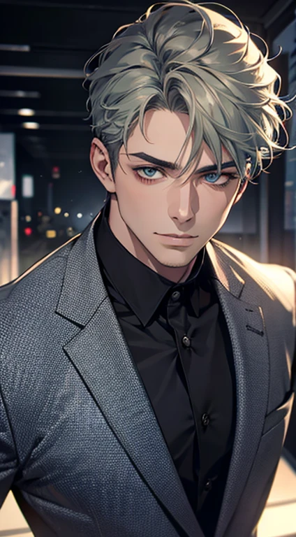 (best quality,4k,8k,highres,masterpiece:1.2),ultra-detailed,(realistic,photorealistic,photo-realistic:1.37),1 man,31 years old,mature man,very handsome,without expression,smile,short grey green hair,blue eyes,penetrating gaze,perfect face without errors,imposing posture,businessman,office background,cinematic lighting,hdr image