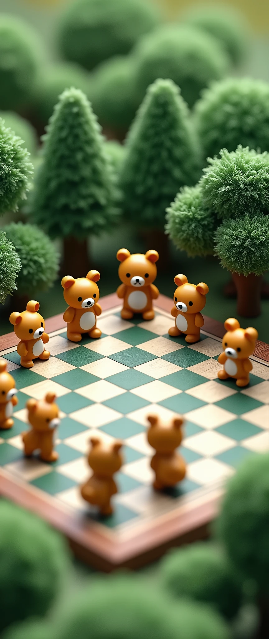 (masterpiece:1.2, Highest quality,Ultra-high resolution,Super detailed),8k,(wallpaper),(On the chessboard, chess pieces modeled after Rilakkuma-style animals are arranged in a square shape.:2.0),(Isometric 3D Diorama:2.0),Forest Diorama