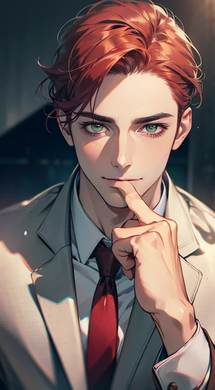 (Highest quality,4K,8K,High resolution,masterpiece:1.2),Super detailed,(Realistic,photoRealistic,photo-Realistic:1.37),1 person,31 years old,Mature Men,Beautiful skin、very handsome,Expressionless smile in love,Short gray red hair,green eyes,Sharp Eyes,A perfect face without a doubt,Businessman,Office Background,Cinema Lighting,HDR image,tie、