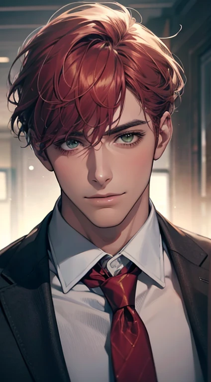 (Highest quality,4K,8K,High resolution,masterpiece:1.2),Super detailed,(Realistic,photoRealistic,photo-Realistic:1.37),1 person,31 years old,Mature Men,Beautiful skin、very handsome,Expressionless smile in love,Short gray red hair,green eyes,Sharp Eyes,A perfect face without a doubt,Businessman,Office Background,Cinema Lighting,HDR image,tie、