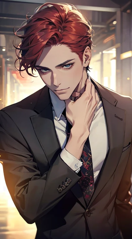 (Highest quality,4K,8K,High resolution,masterpiece:1.2),Super detailed,(Realistic,photoRealistic,photo-Realistic:1.37),1 person,31 years old,Mature Men,Beautiful skin、very handsome,Expressionless smile in love,Short gray red hair,green eyes,Sharp Eyes,A perfect face without a doubt,Businessman,Office Background,Cinema Lighting,HDR image,tie、