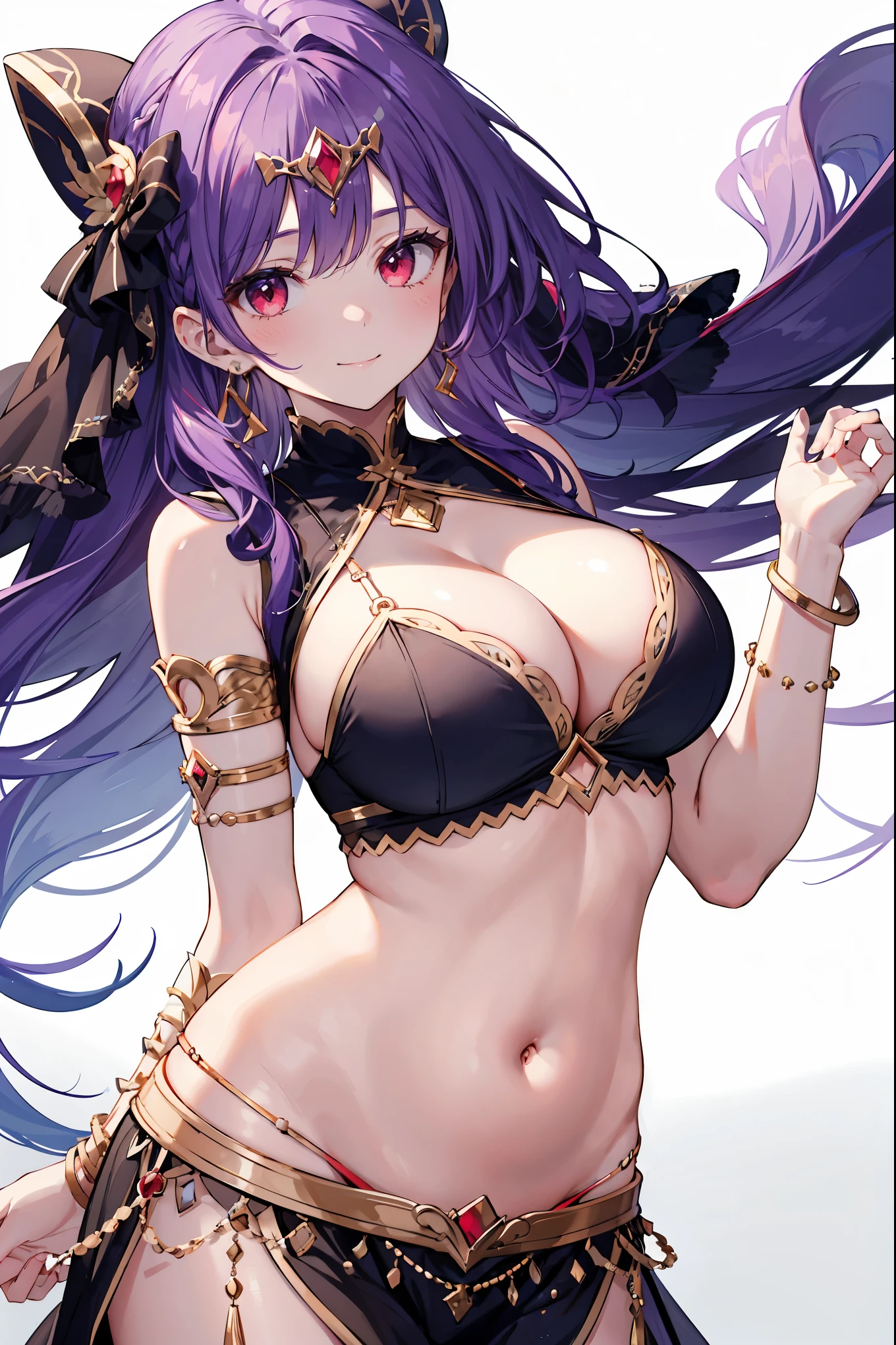 1girl, white background, red eyes, long hair, purple hair, belly dancer, circlet, earrings, armlets, bracelets, bashful smile, large breasts, cleavage, soft stomach