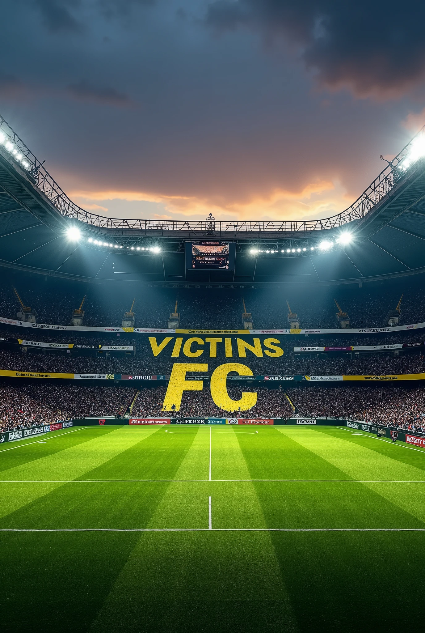 A football stadium with stripes that read VICTINS FC. The stadium colors should be black and yellow. The main color is black, and the secondary yellow.
Exibir o nome VICTINS FC.