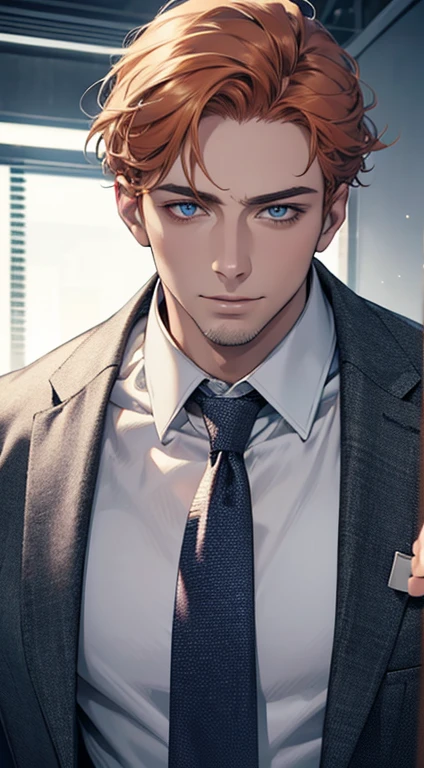 (best quality,4k,8k,highres,masterpiece:1.2),ultra-detailed,(realistic,photorealistic,photo-realistic:1.37),1 man,31 years old,mature man,very handsome,without expression,smile,short grey b
Orange hair,blue eyes,penetrating gaze,perfect face without errors,imposing posture,businessman,office background,cinematic lighting,hdr image