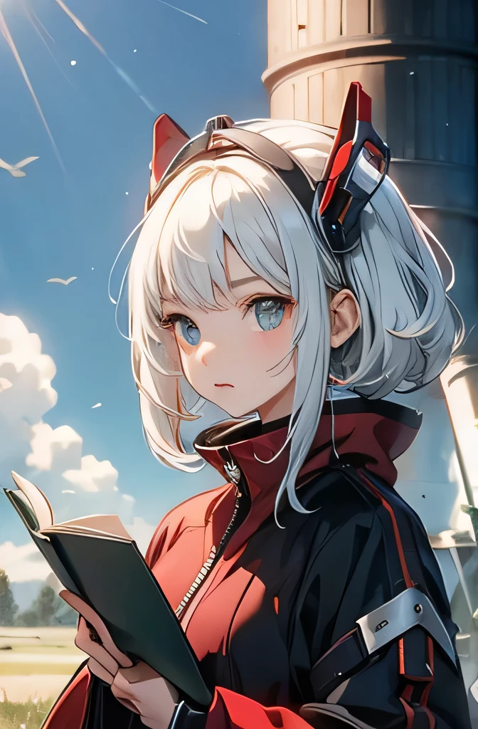 The image shows a young girl standing in front of a large robot. The girl has white hair and is wearing a black and red outfit with a cat-like design on her head. She is holding a red book in her hands and is looking off to the side with a serious expression on her face. The robot behind her is green and has a large head with a blue light on it. The background is a grassy field with trees and a blue sky. The overall mood of the image is futuristic and sci-fi