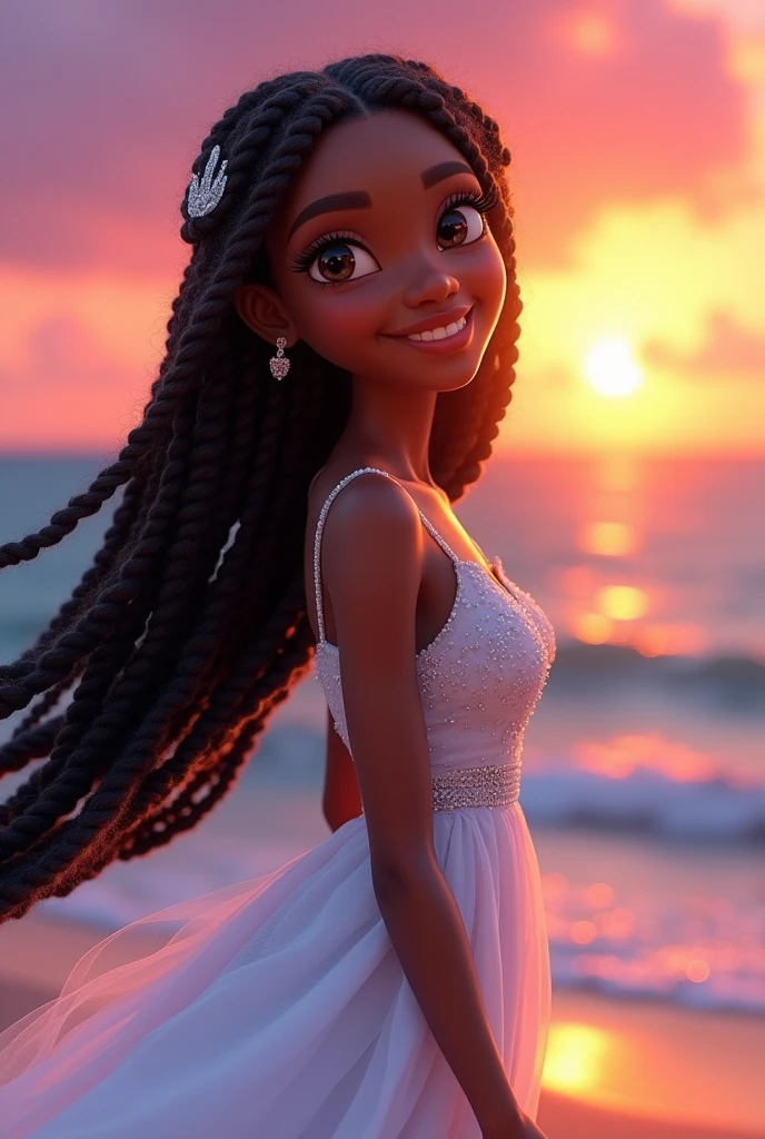 "(best qualityer,ultra detali,realisitic:1.37),3D rendering,illustration,character  design,braided hair,beautiful detailed eyes, white gown,Pixar Princess Style, black female, sunset and sea, bright coloured,happy smiling expression"