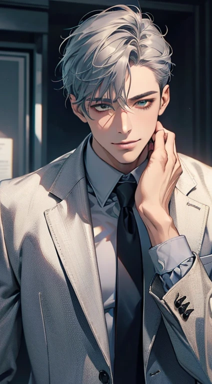 (Highest quality,4K,8K,High resolution,masterpiece:1.2),Super detailed,(Realistic,photoRealistic,photo-Realistic:1.37),1 person,31 years old,Mature Men,Beautiful skin、very handsome,Expressionless smile in love,Short gray blue hair,green eyes,Sharp Eyes,A perfect face without a doubt,Businessman,Office Background,Cinema Lighting,HDR image,tie、