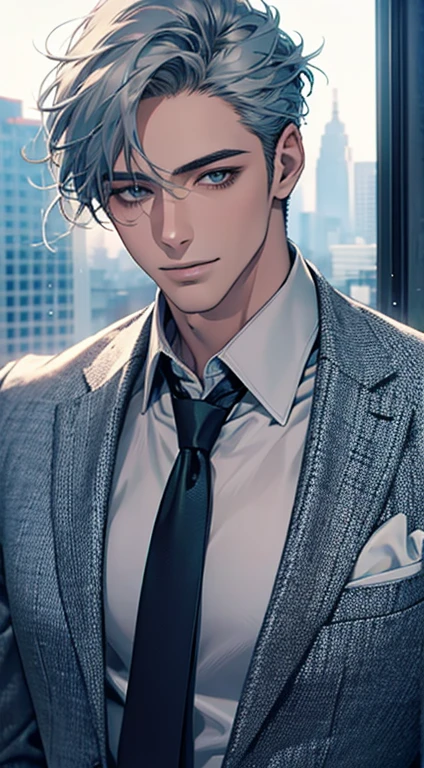 (Highest quality,4K,8K,High resolution,masterpiece:1.2),Super detailed,(Realistic,photoRealistic,photo-Realistic:1.37),1 person,31 years old,Mature Men,Beautiful skin、very handsome,Expressionless smile in love,Short gray blue hair,green eyes,Sharp Eyes,A perfect face without a doubt,Businessman,Office Background,Cinema Lighting,HDR image,tie、