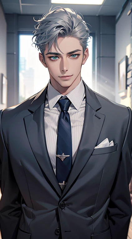 (Highest quality,4K,8K,High resolution,masterpiece:1.2),Super detailed,(Realistic,photoRealistic,photo-Realistic:1.37),1 person,31 years old,Mature Men,Beautiful skin、very handsome,Expressionless smile in love,Short gray blue hair,green eyes,Sharp Eyes,A perfect face without a doubt,Businessman,Office Background,Cinema Lighting,HDR image,tie、