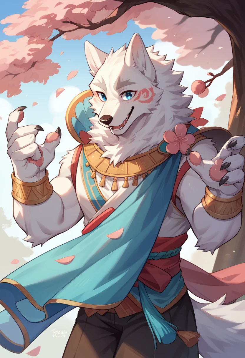 Furry,white fur,male people,teenage,canid,white wolf,solo person,sharp talons,stand,white-skinned, blue eyes,Fluffy tail,Chinese ,naive,happy,blue, Peach blossom tree,son of a rich family,ancient costume,pants,Balanced body shape,Less shadows,elegant,ultra - detailed:1.0