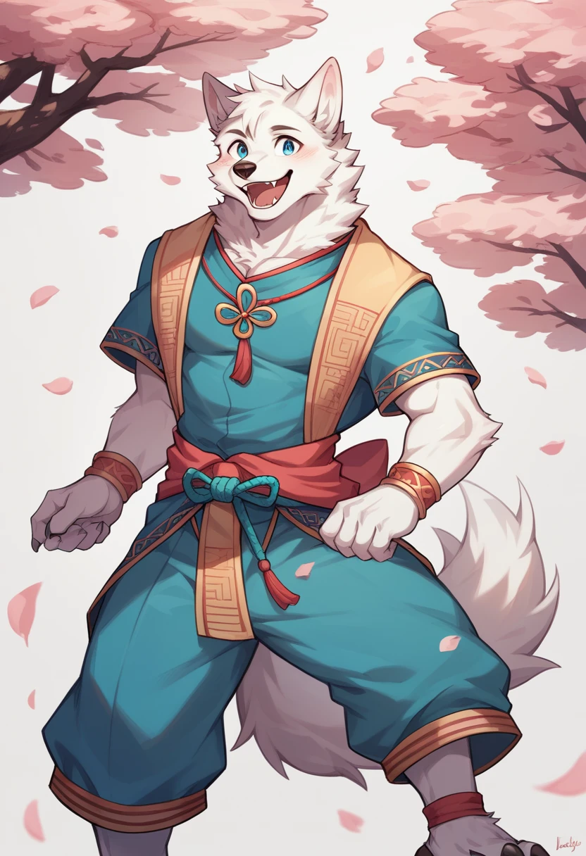 Furry，white fur，male people，age，canid，white wolf，solo person，sharp talons，stand，white-skinned， blue eyes，Fluffy tail，Chinese ，naive，happy，blue， Peach blossom tree，son of a rich family，ancient costume，pants，Balanced body shape，Less shadows，elegant，ultra - detailed：1.0