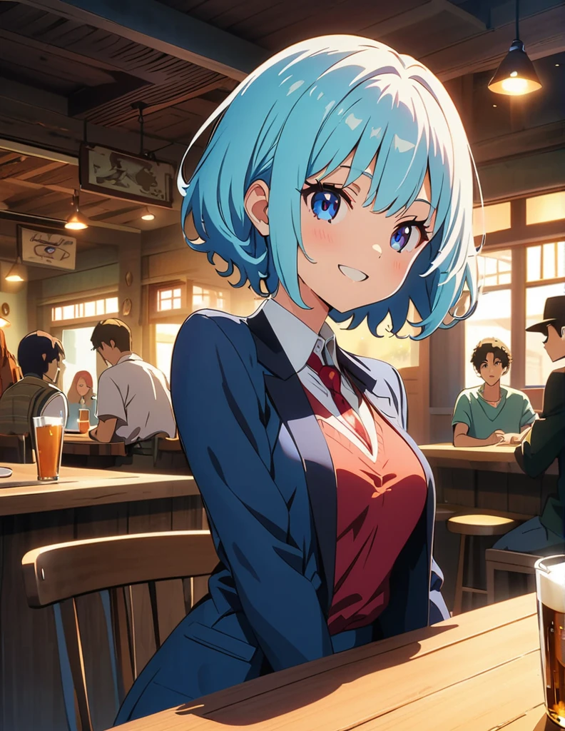 (masterpiece:1.3), (best quality:1.3), high resolution,
upper body,
leaning forward, body facing forward,
(one cute girl:1.3), solo,
white skin, small Breast, eight-headed person,
light blue hair, (bobbed hair:1.2), (short hair:1.1), (blunt bangs:1.2), beautiful hair, blue eyes, beautiful detailed eyes,
open mouth, heart, cheerful smile,
black jacket, white shirt, (business suit:1.2), pencil skirt, earrings,
indoors, tavern, beer mug,
shadowlighting,